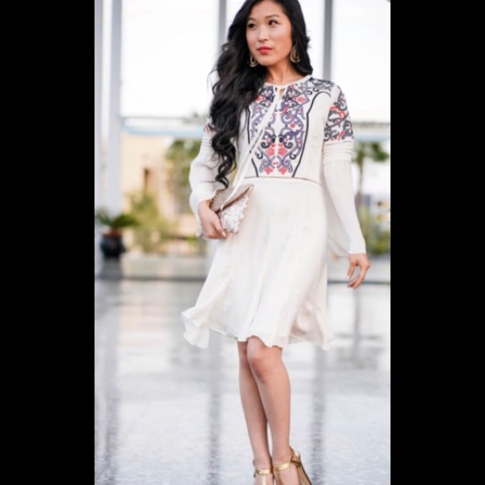 Parker Milly Embroidered Silk Long Sleeves Mini Dress Xs